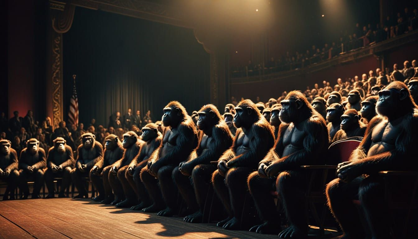 Apes Performing Theater on Stage with Dramatic Lighting