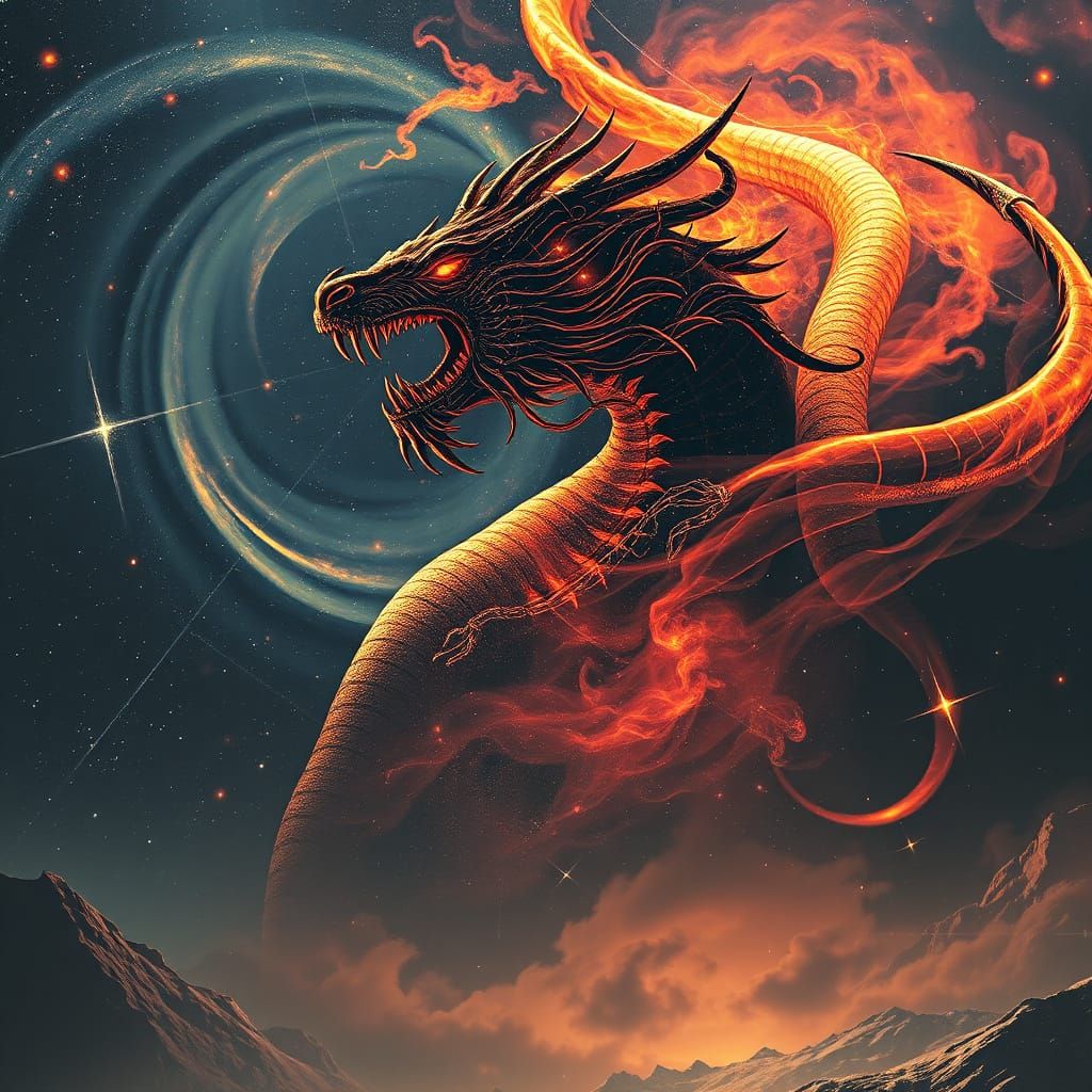 Lion-Headed Dragon in Biomechanical Cosmic Dreamscape