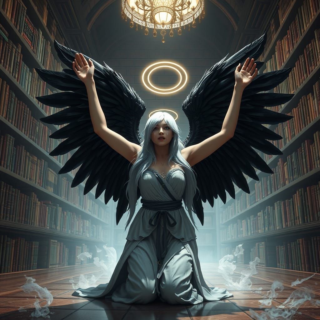Fallen Angel's Anguish in a Library