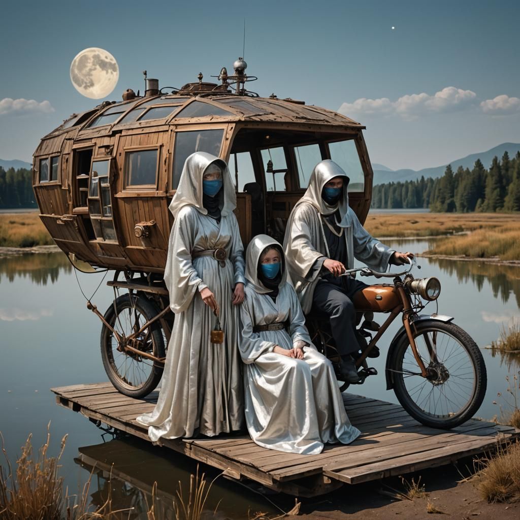 Cosmic Trio on Rustic Spaceship in Galaxy