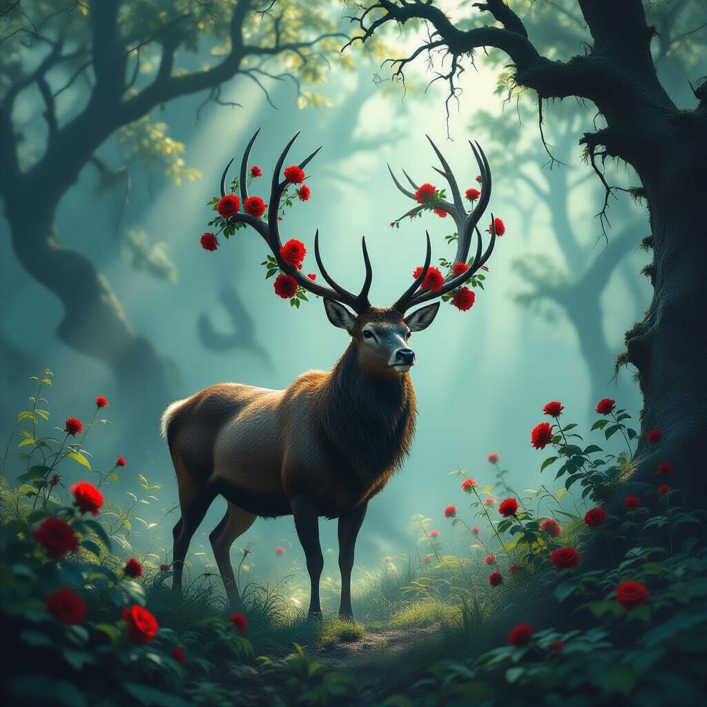 Majestic Stag With Rose Antlers in Ethereal Forest