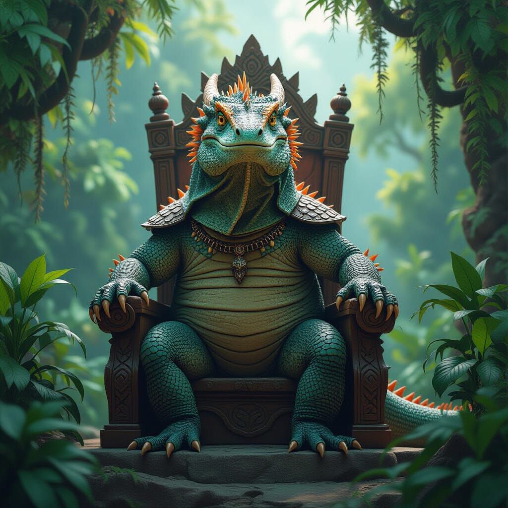 Armored Komodo Dragon King on Jungle Throne