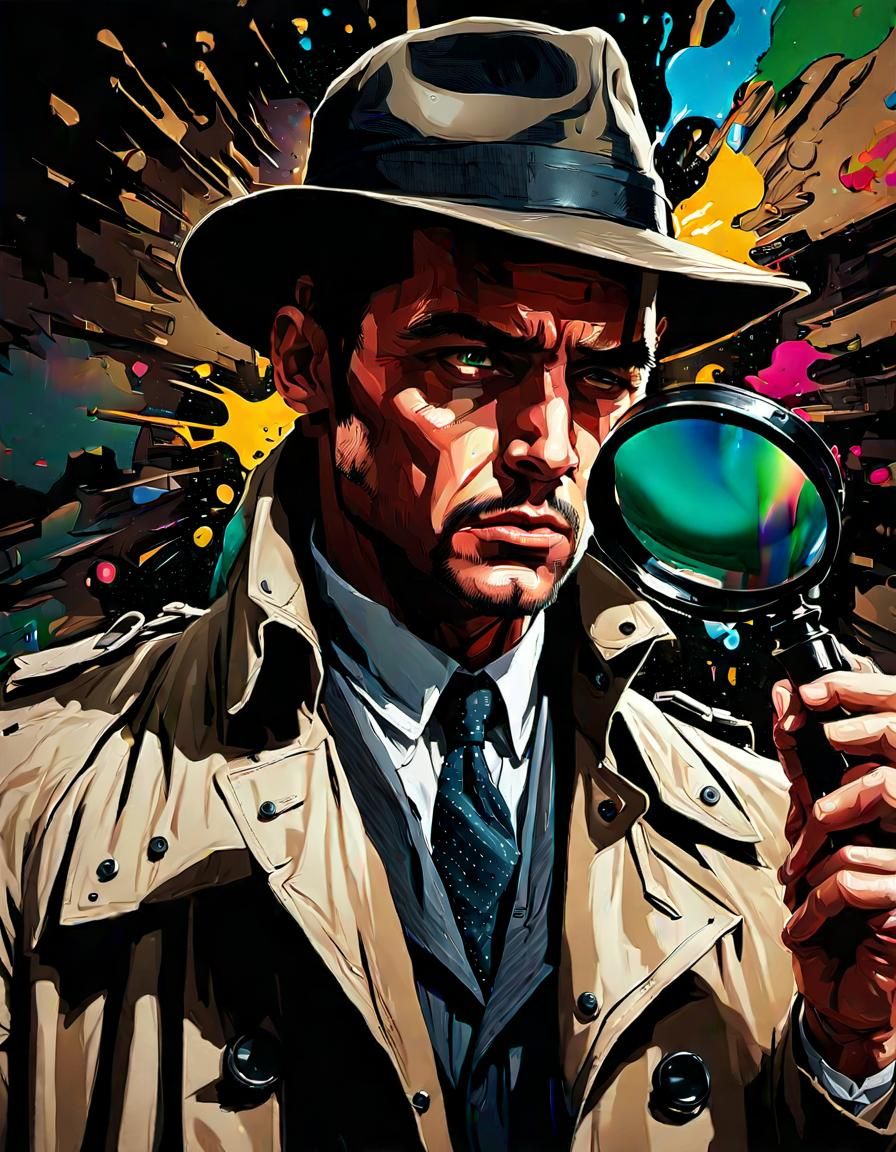 Hyperrealistic Detective Inspects Photo in Splash Art Style