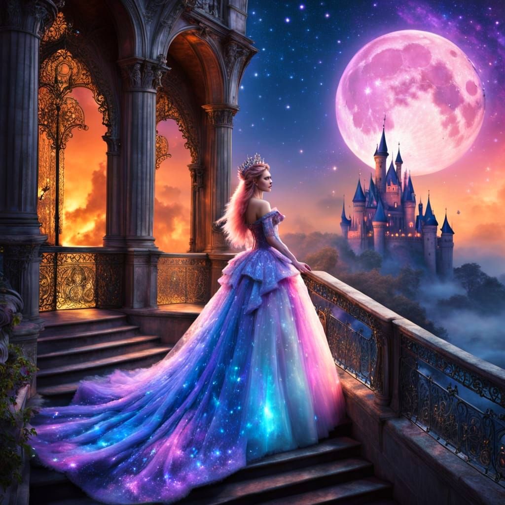 Gothic Princess Escapes Royal Castle Under Vibrant Dreamcore...