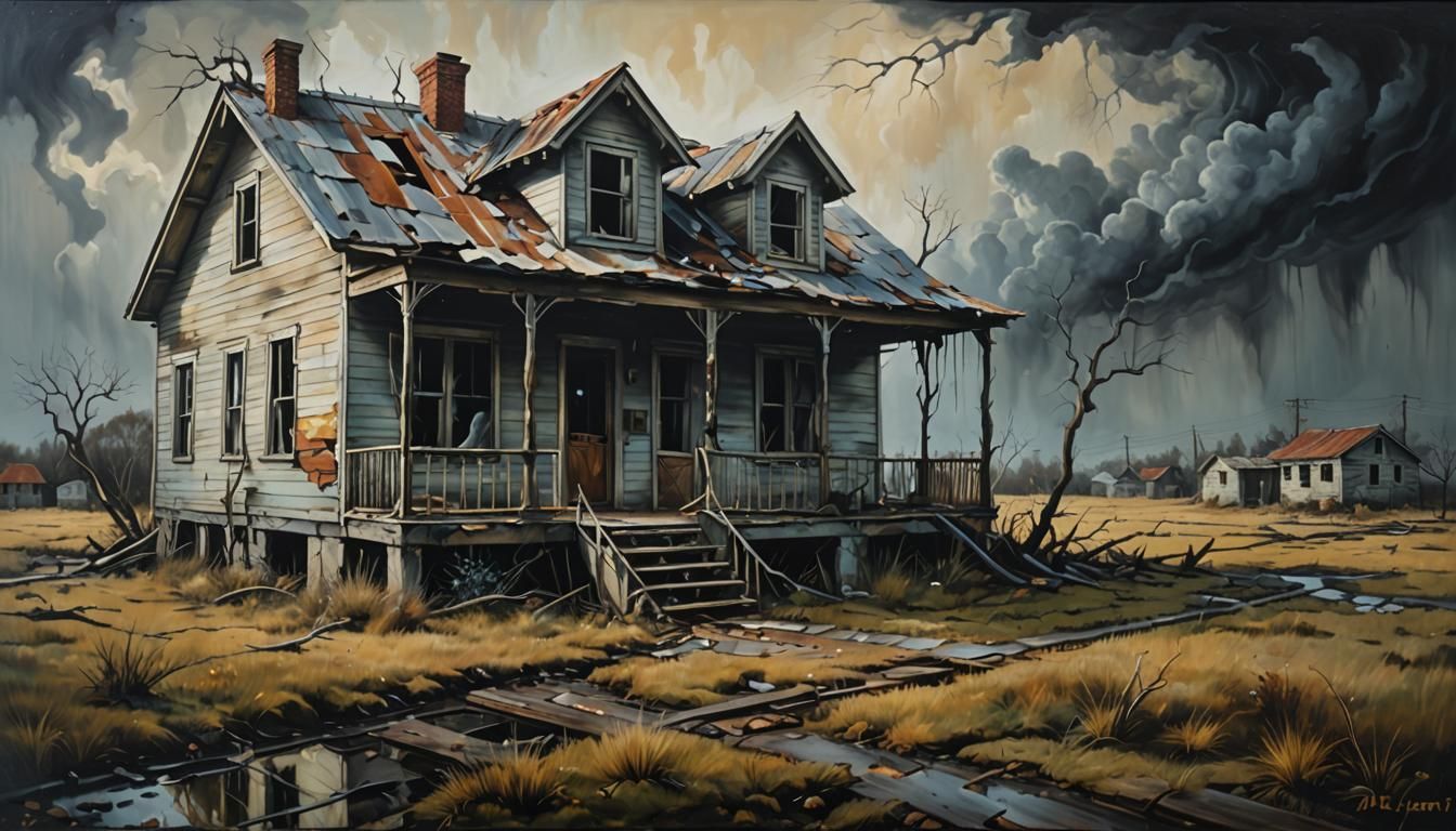 Moody Surrealist House in Oil on Canvas Style