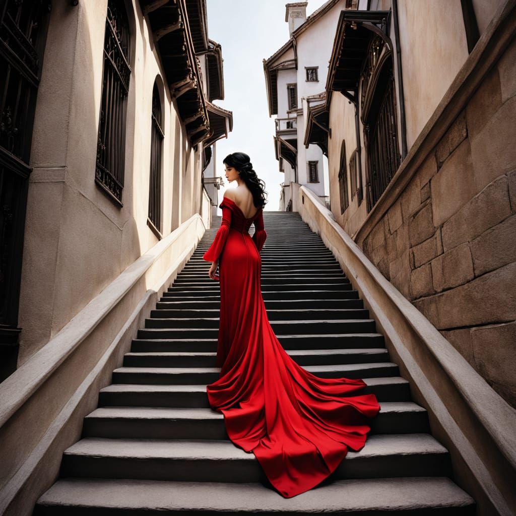 Medieval Woman Descending Stairs in Chiaroscuro