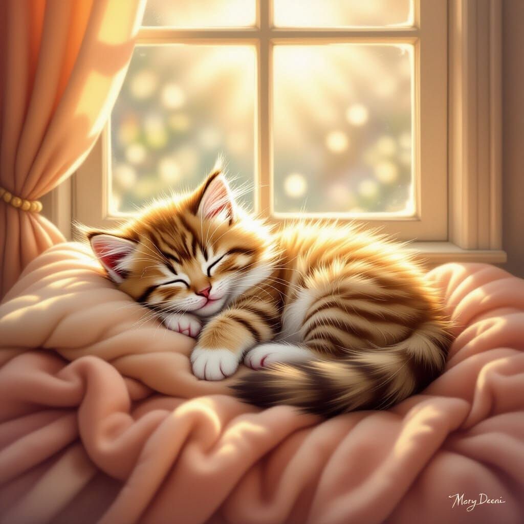 Fluffy Kitten Sleeping in Sunlit Window Seat
