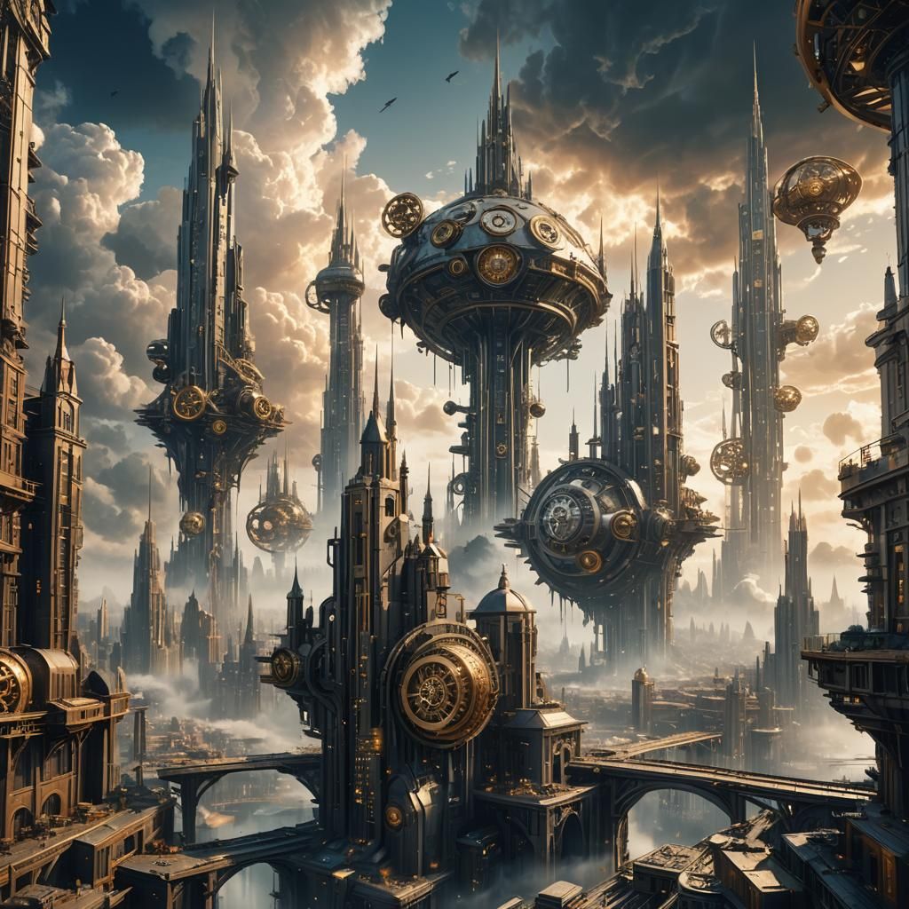 Clockwork Cityscape on Alien Planet in Digital Art