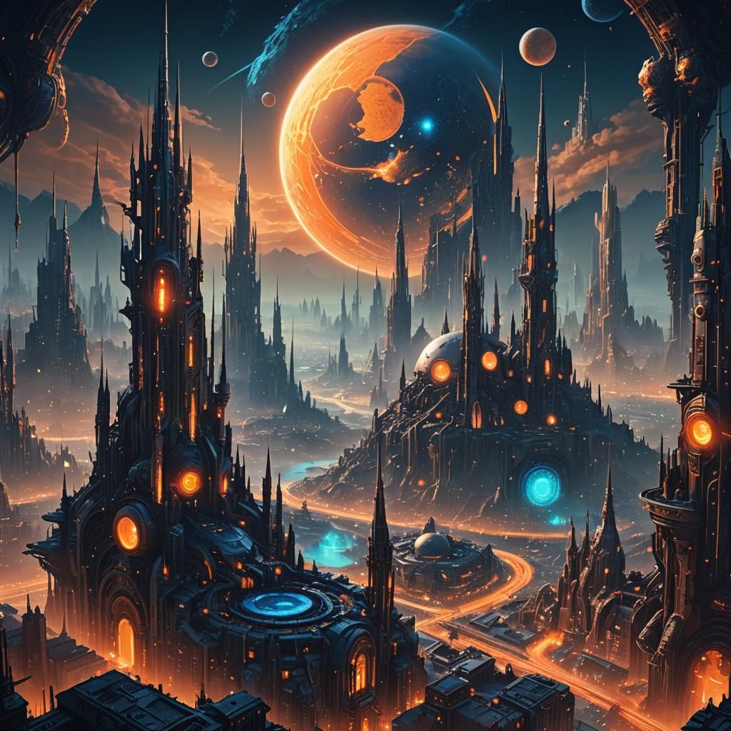 Machine Planet Metropolis in Neon Nightscape