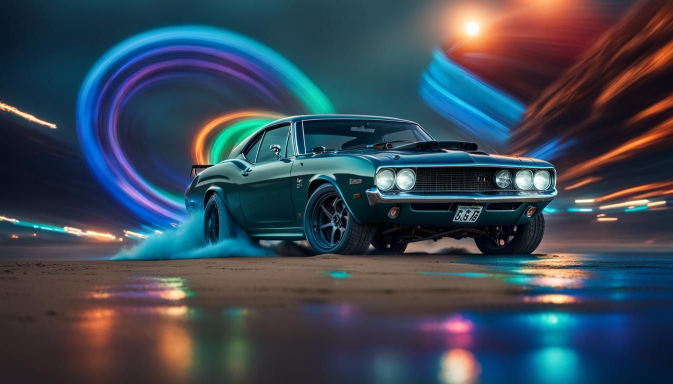 Muscle Car Drifting on Beach in Hyperrealism