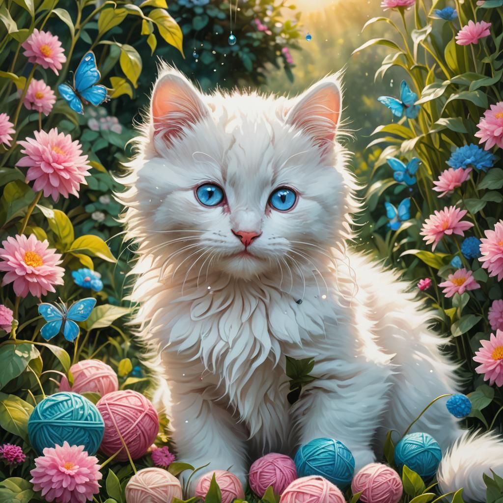 Kitten Plays in Garden, Artgerm and Art Nouveau Style