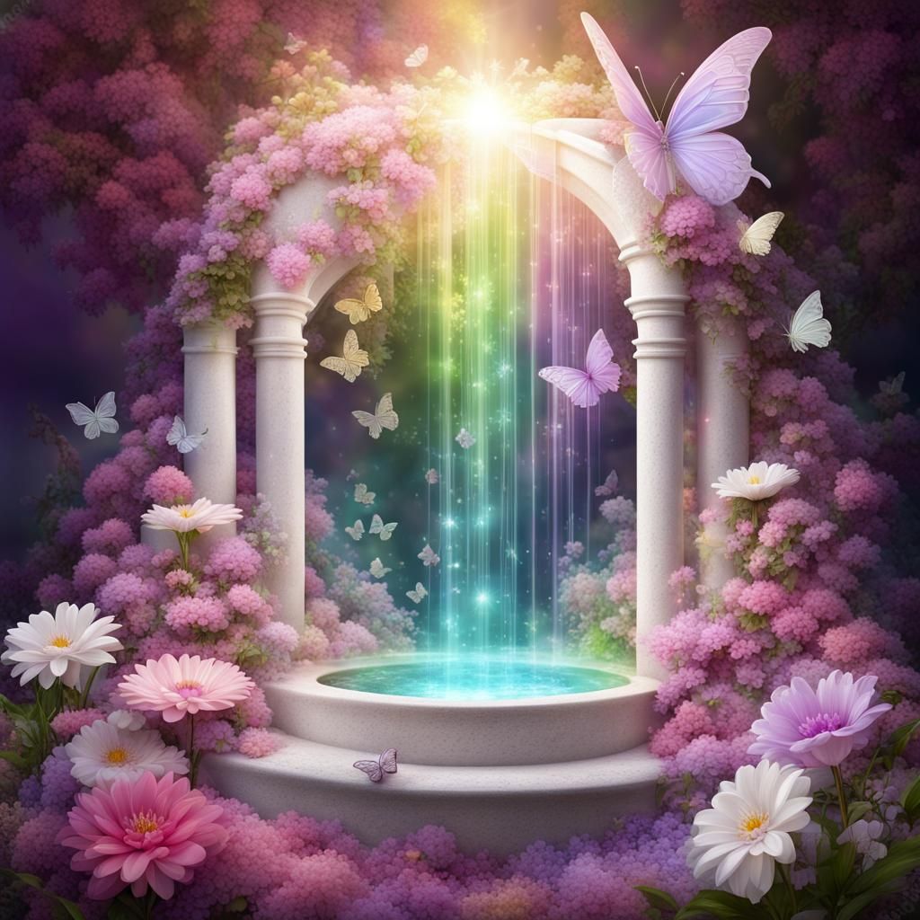 Enchanted Crystalline Well with Flowers and Butterflies