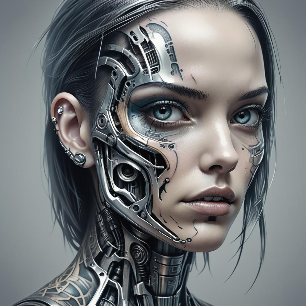 Half human half cybernetic tattoo design, face, head, realistic, ominous, chrome, detailed, intricate, female, tattoos, ...