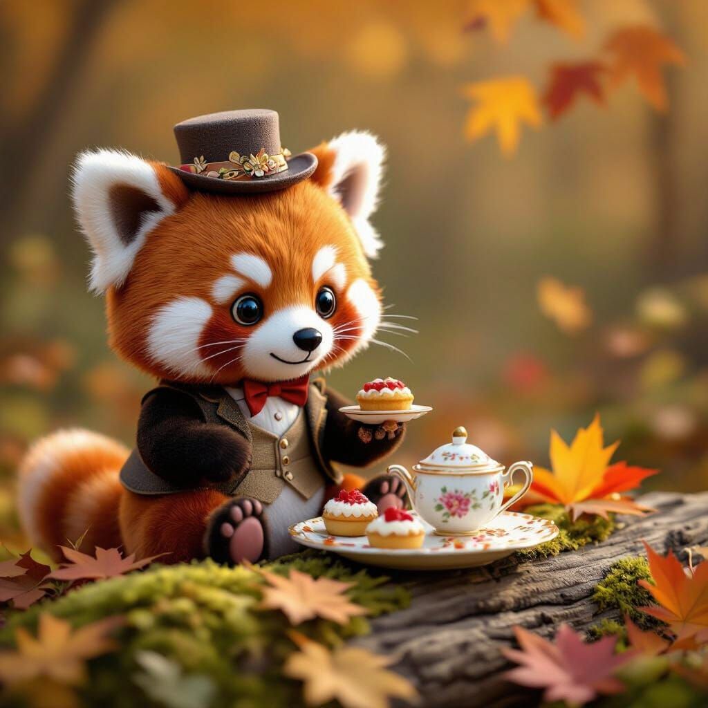 Red Panda Enjoys Tea Party in Autumn Forest