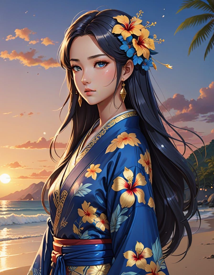 Tropical Goddess on Beach at Sunset: Anime Art