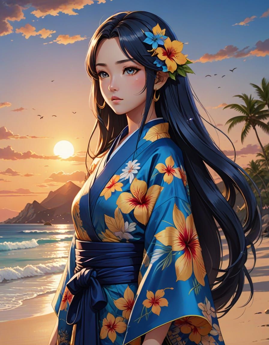 Tropical Anime Goddess in Golden Kimono