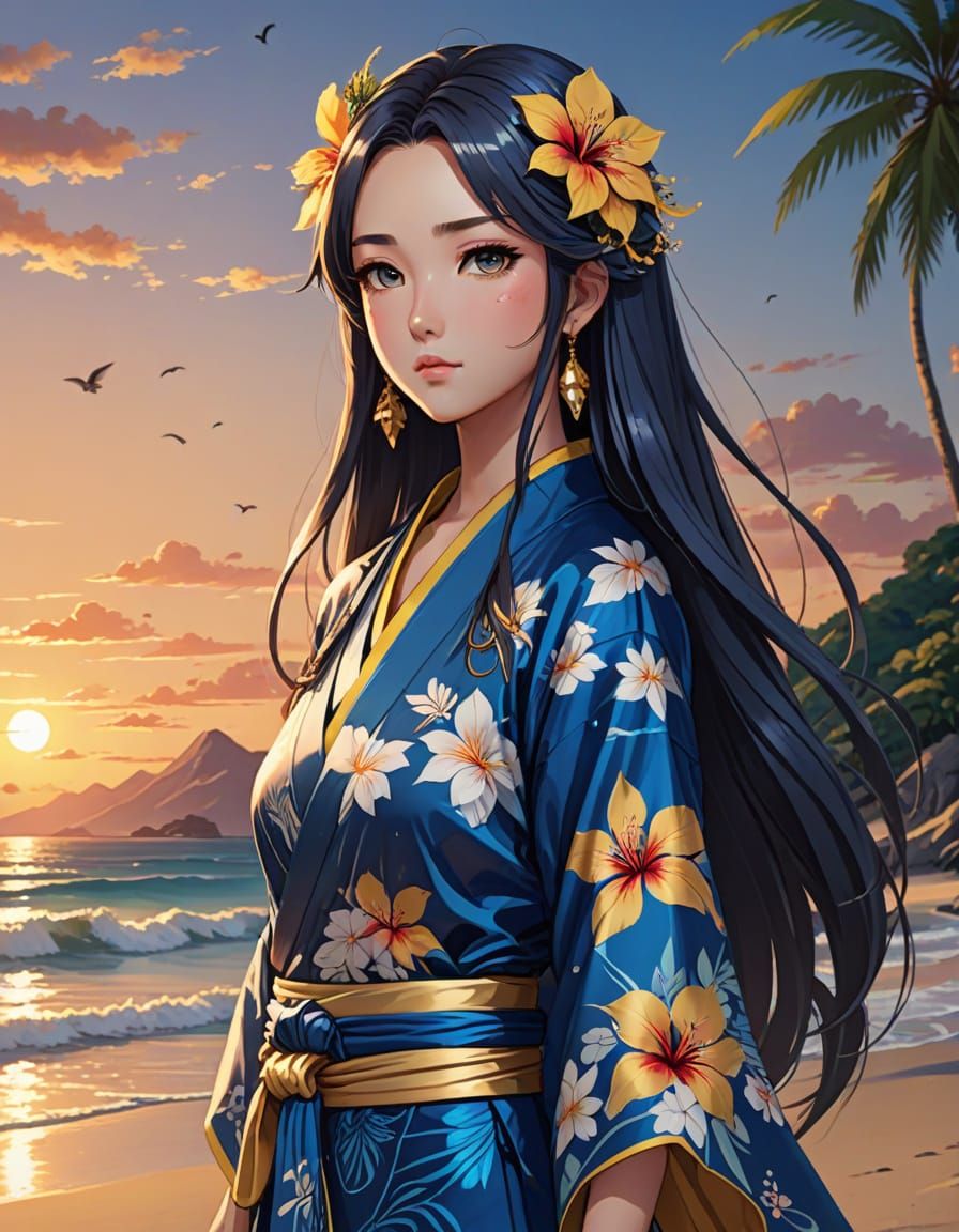 Tropical Goddess in Kimono: Anime Art Wallpaper