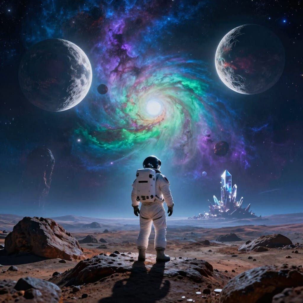 Astronaut Gazes at Alien Sky with Twin Moons