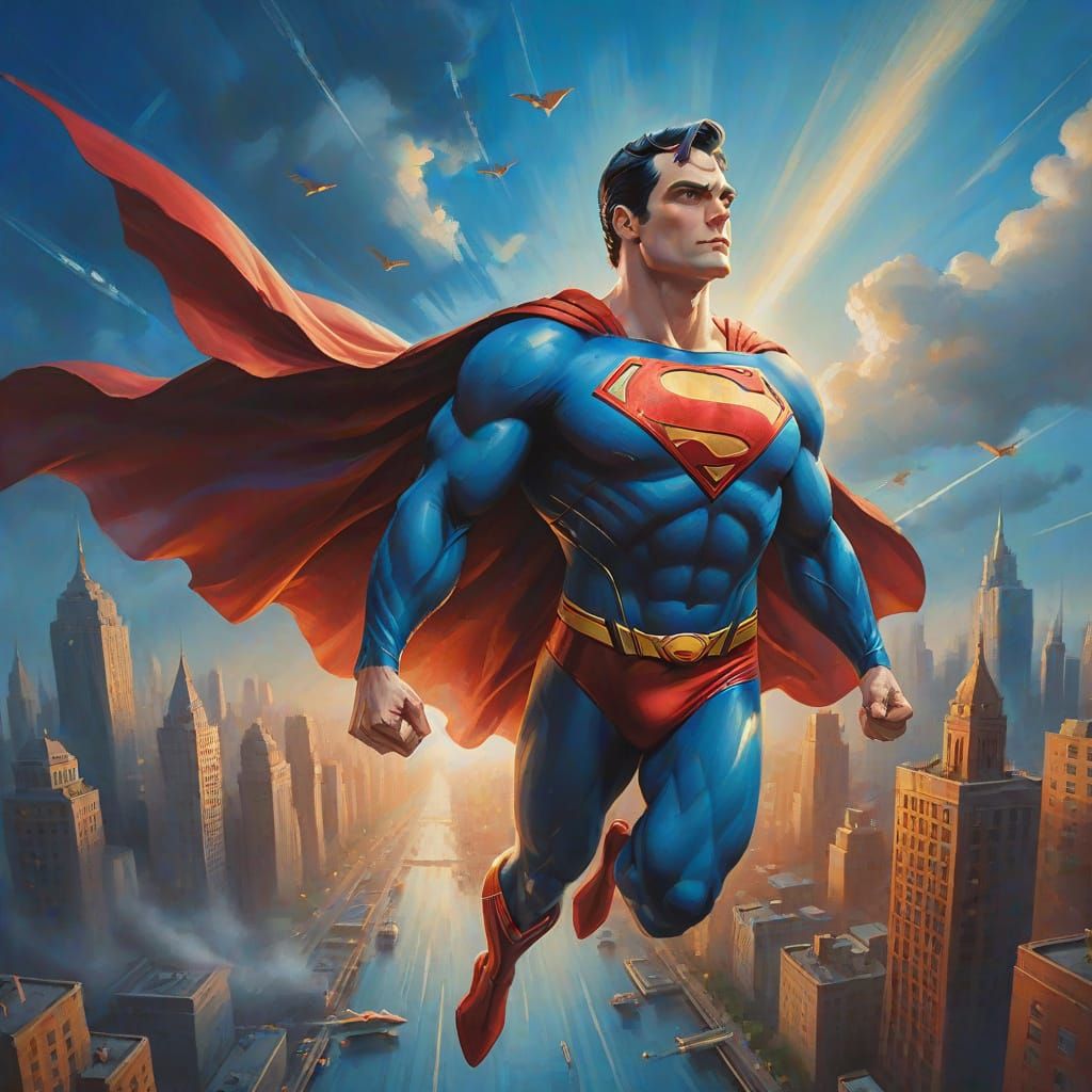Superman Over Metropolis in Magical Realism Style