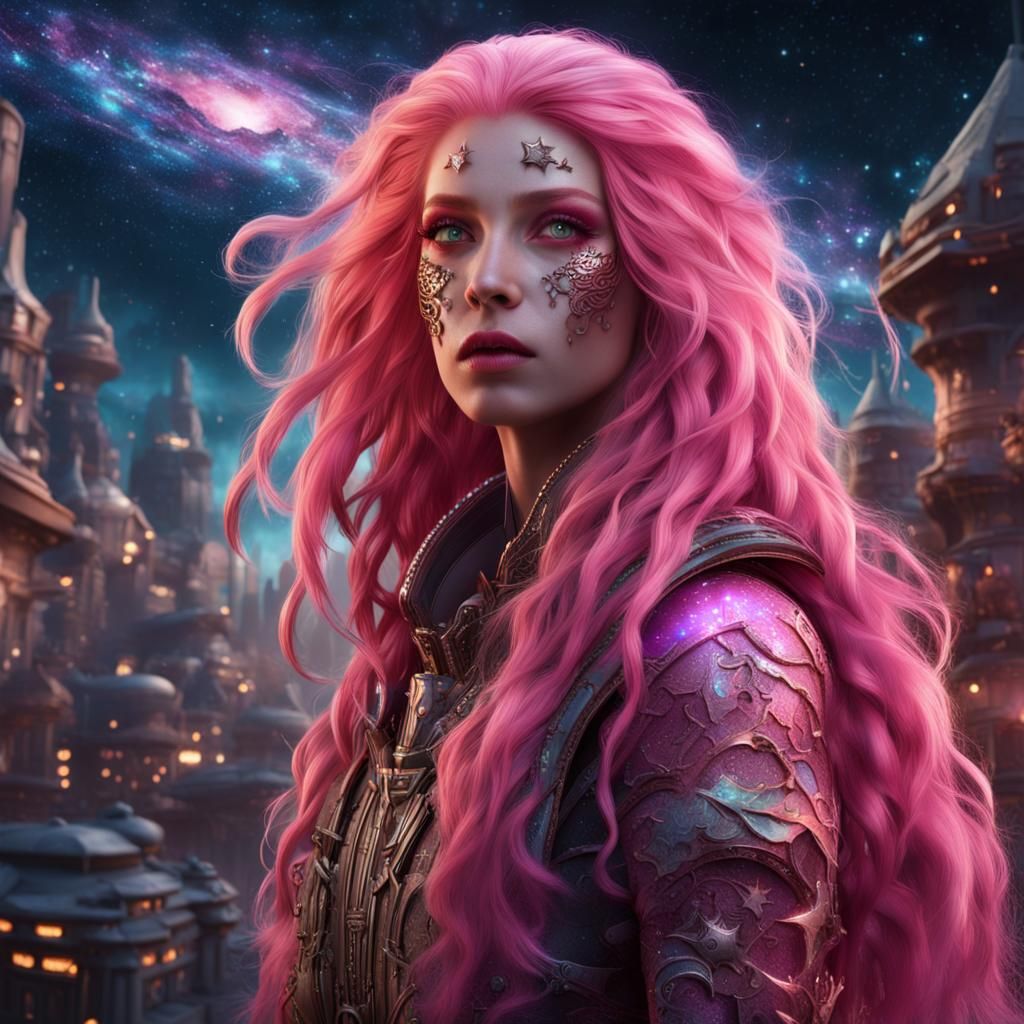 Pink-Haired Woman in Outer Space Cityscape