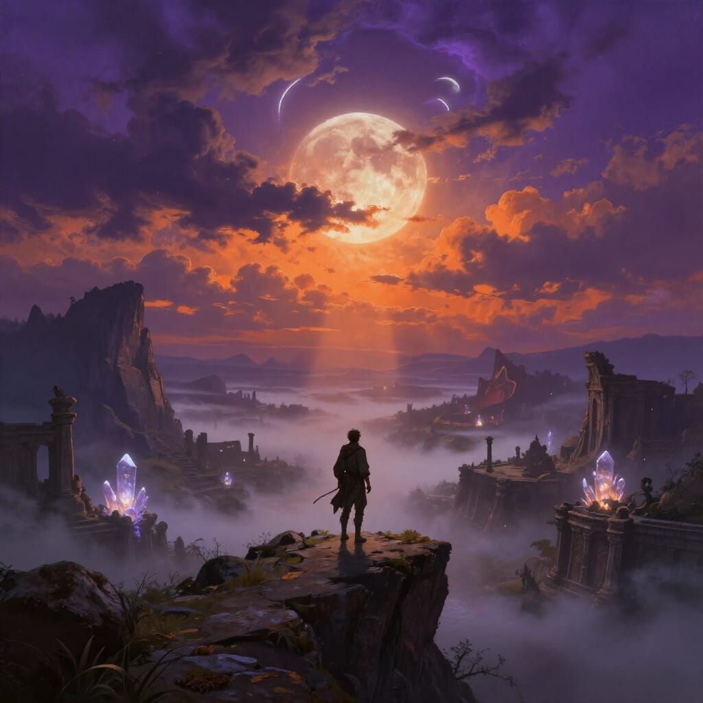 Epic Fantasy Landscape with Lone Wanderer and Crystal Ruins