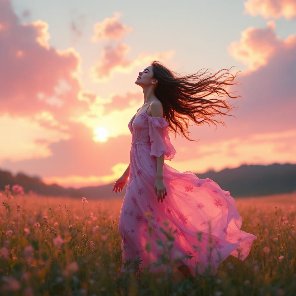 Girl in Meadow at Sunset, Art Nouveau Portrait