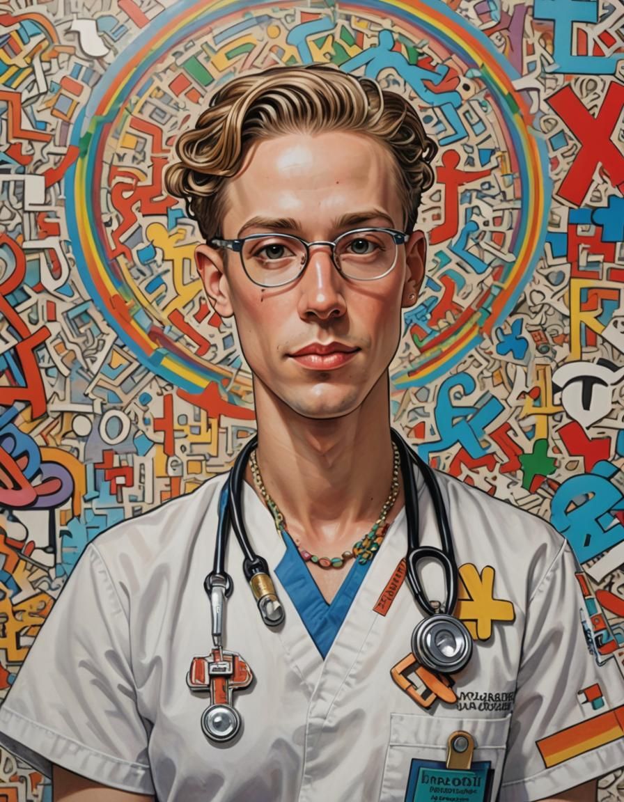 Art by J.C. Leyendecker, Keith Haring, a medical professional in scrubs adorned with rainbow pins and a subtle trans sym...