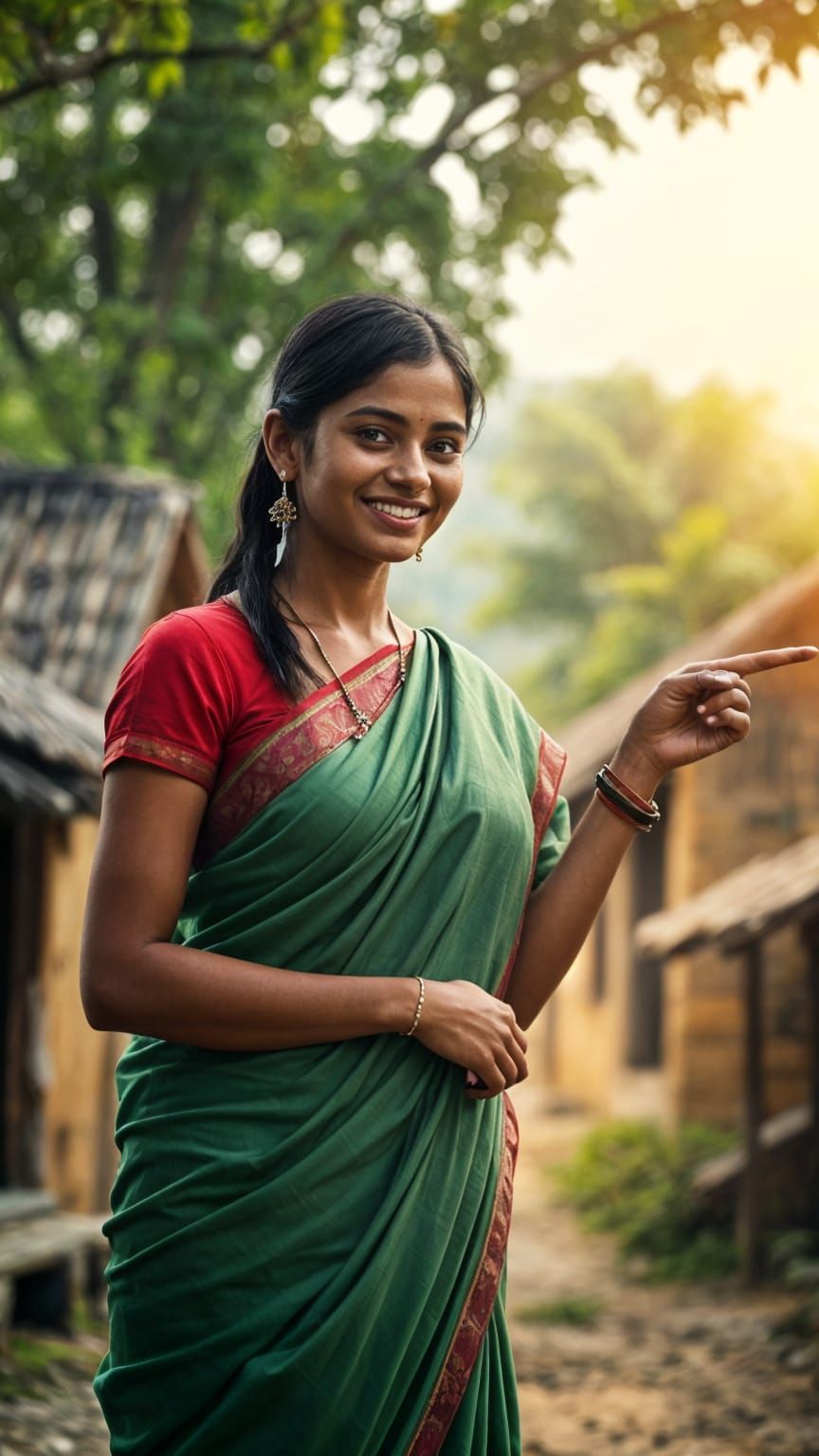Rural Bengal Village Scene with Smiling Woman in Traditional...