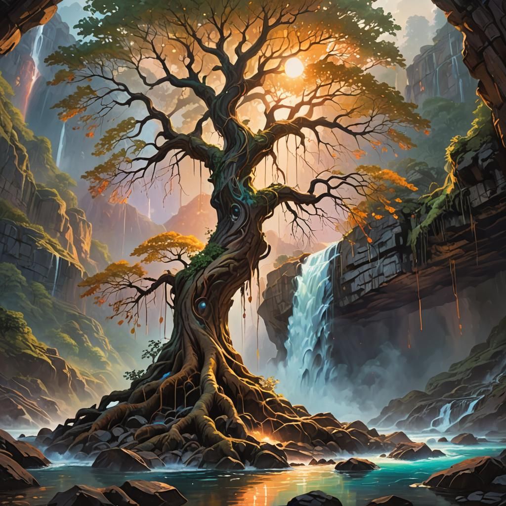 Magical Tree Growing by Waterfall: Vibrant Oil Painting