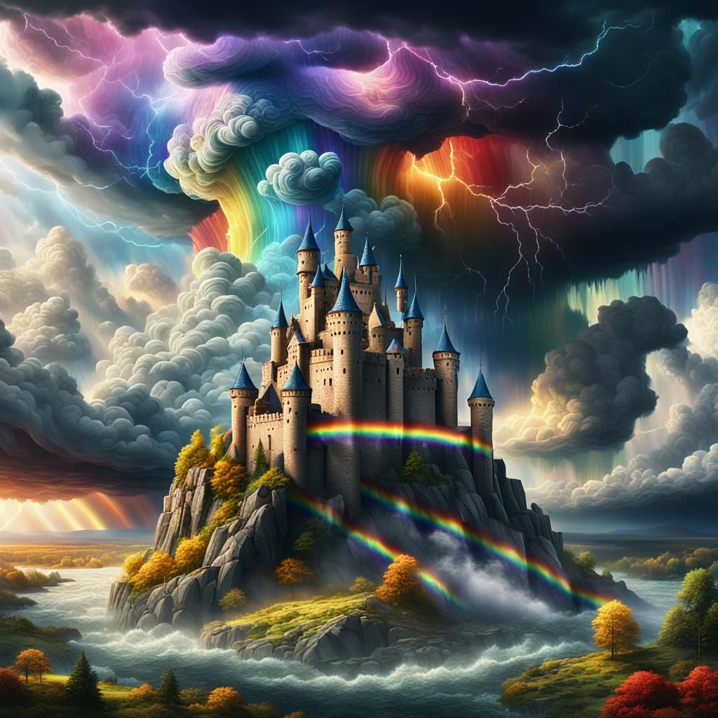 Rainbow Castle in Stormy Sky: Cinematic Concept Art