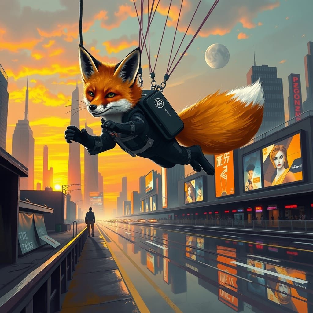 Fox Agent Descends into Dystopian Cityscape as Digital Art