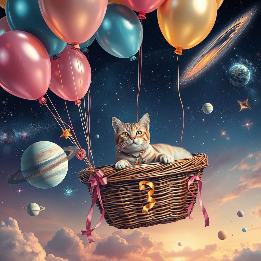 Cosmic Cat in Wicker Basket with Vibrant Balloons and Celest...