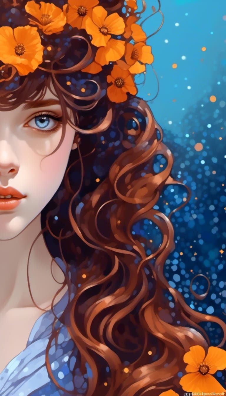 Copper-haired Princess with Poppies in Art Nouveau Style