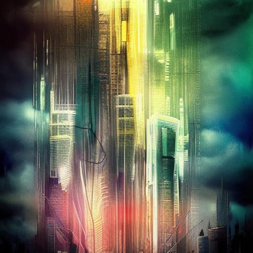 Cyberpunk Skyline with Biblical Overlays in Watercolor Style