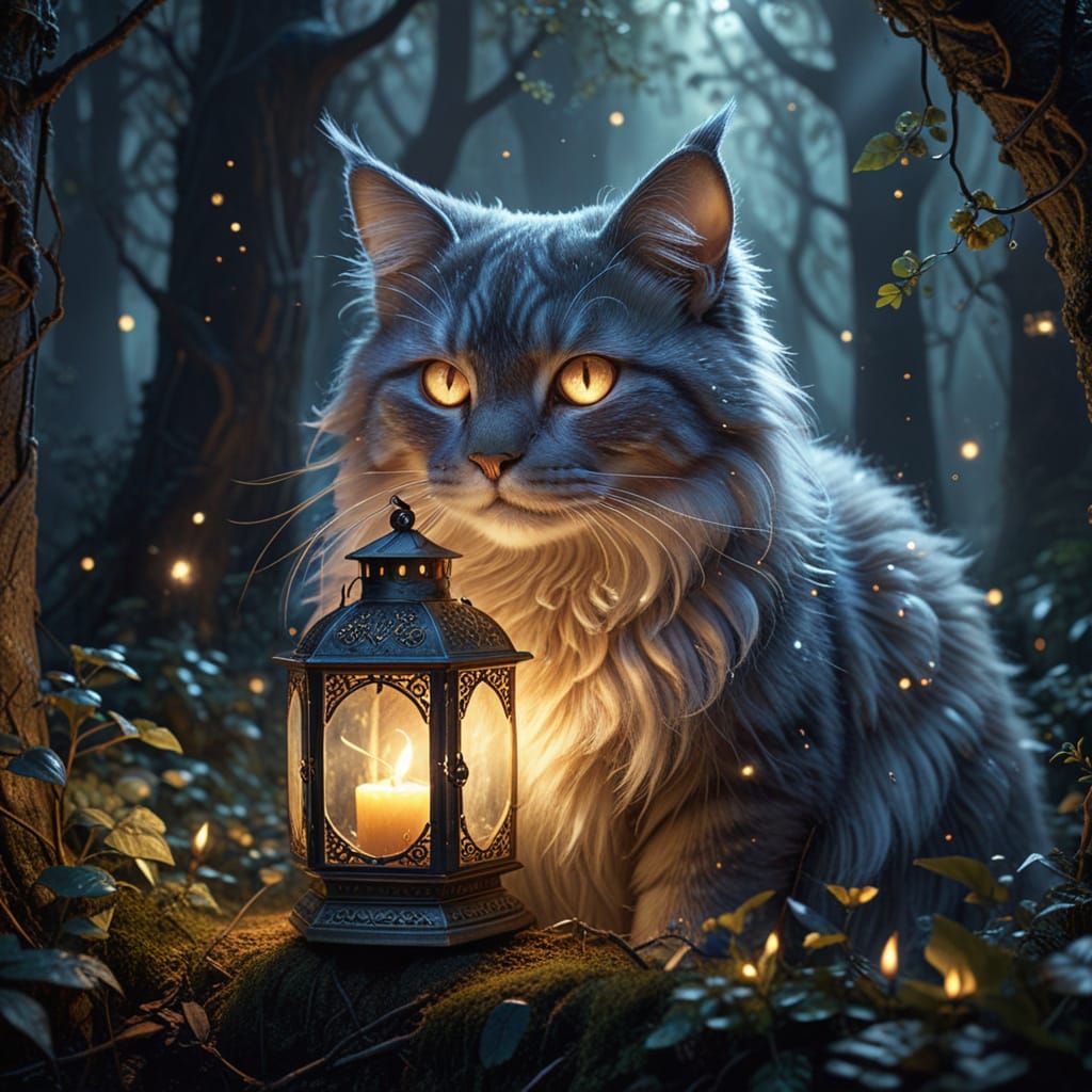 Mystical Night Cat Illuminates the Enchanted Forest