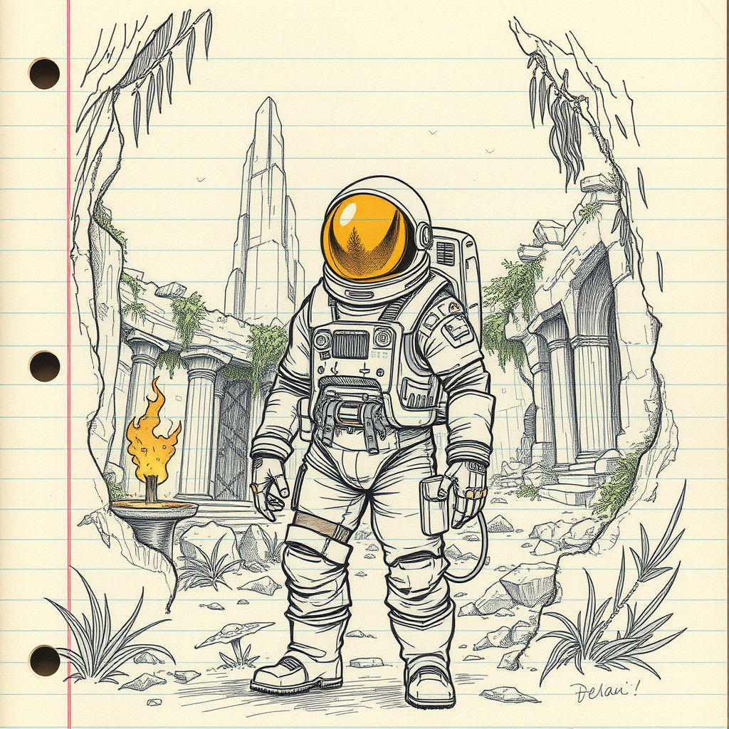 Astronaut in Ancient Ruins: Whimsical Doodle Illustration