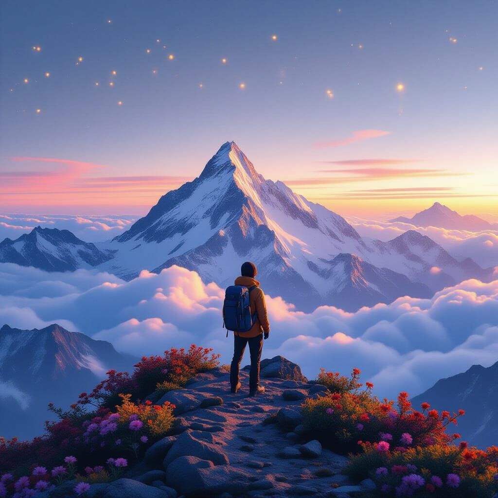 Lone Hiker at Mountain Summit in Dawn Light