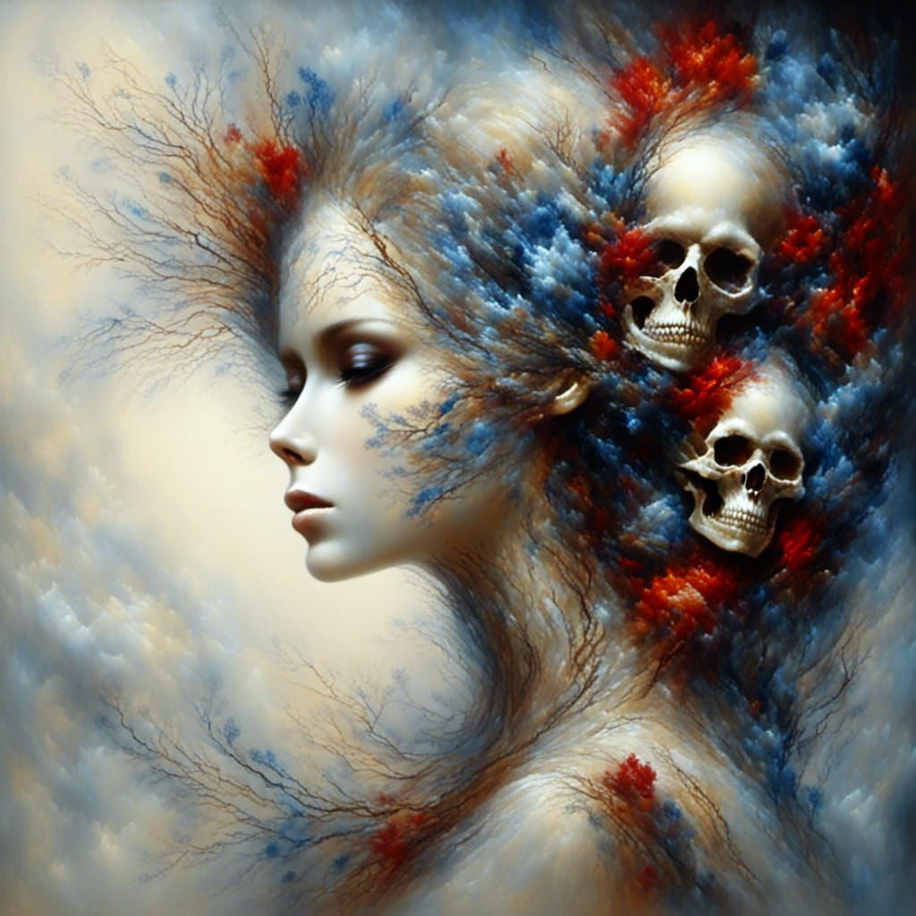 Abstract Skull Portrait with Lace Snakes