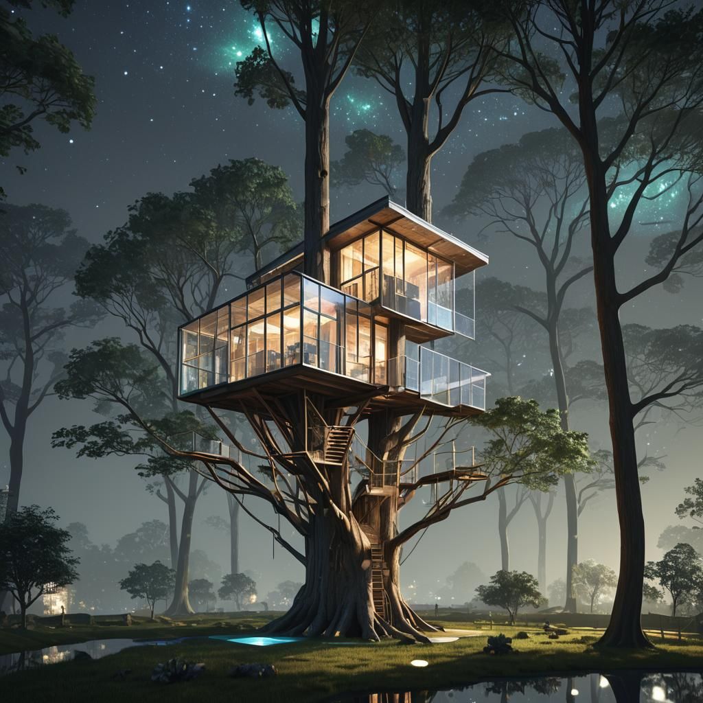 Hipermodern Holographic Treehouse at Night