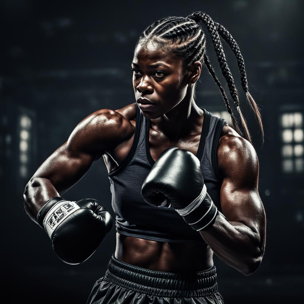 Hyperrealistic Black Female Boxer in Combat Stance