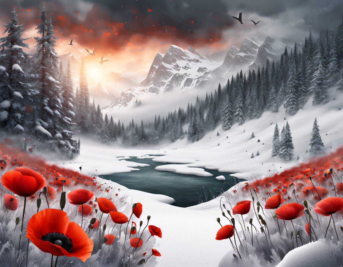 Snowy Landscape with Red Poppies and Waterfall
