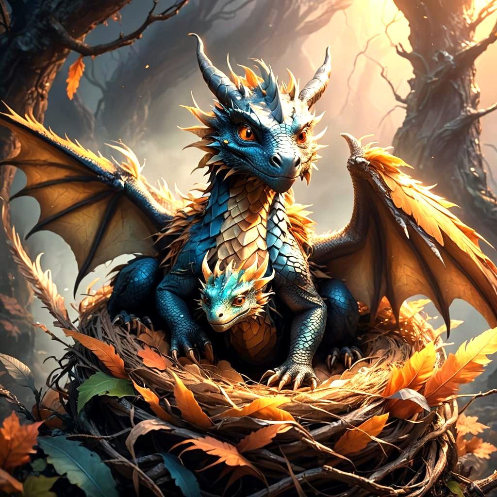 Charming Baby Dragon Snuggles with Mother