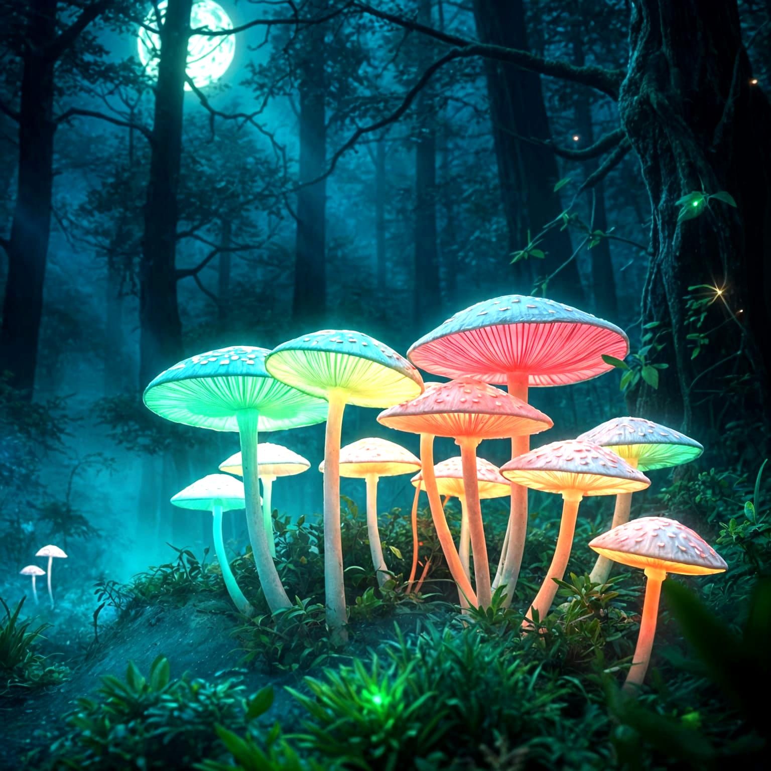 Enchanted Forest: Fluorescent Mushrooms in Neon Colors