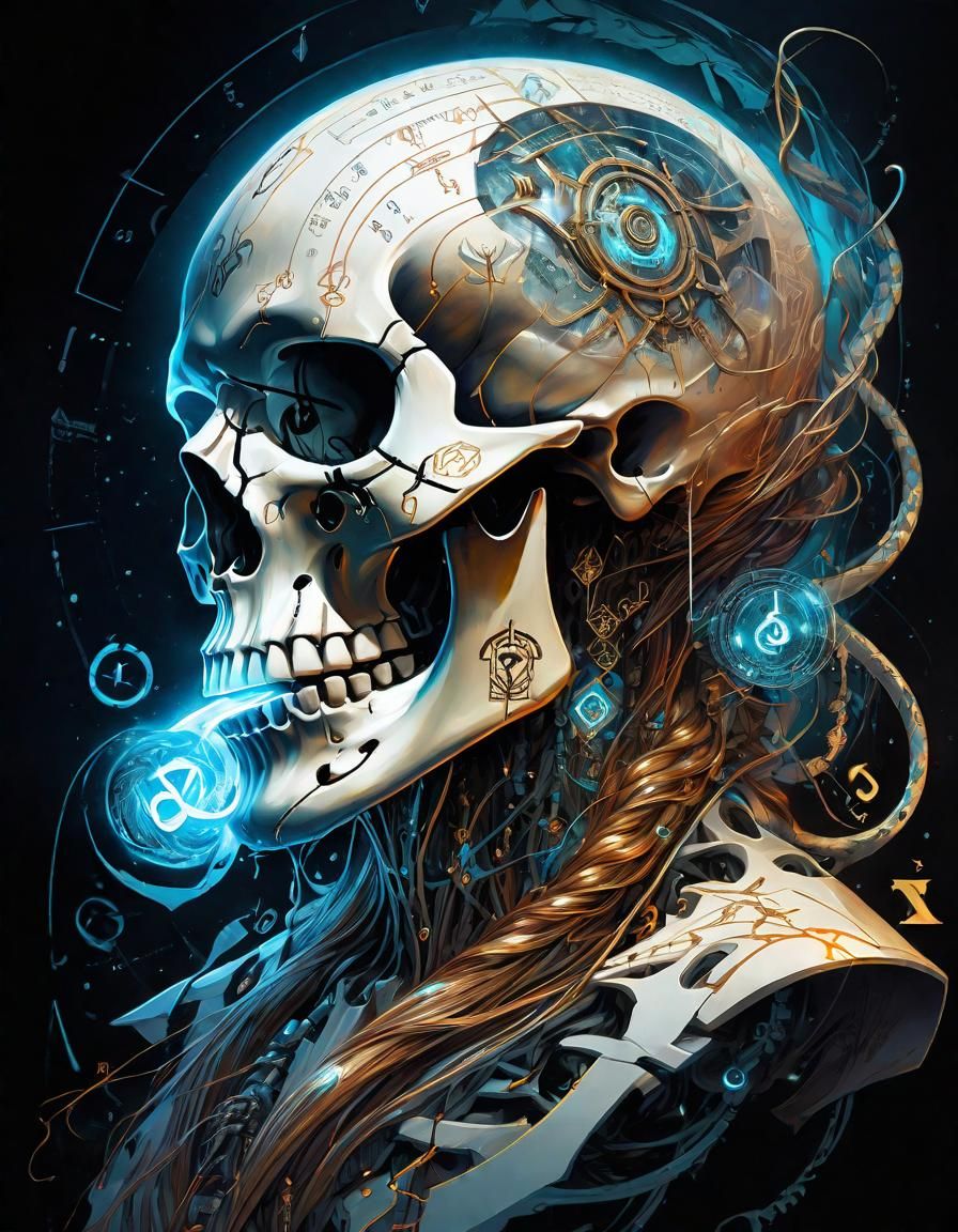 Mechanical Skull with Snakes and Magic Glyphs