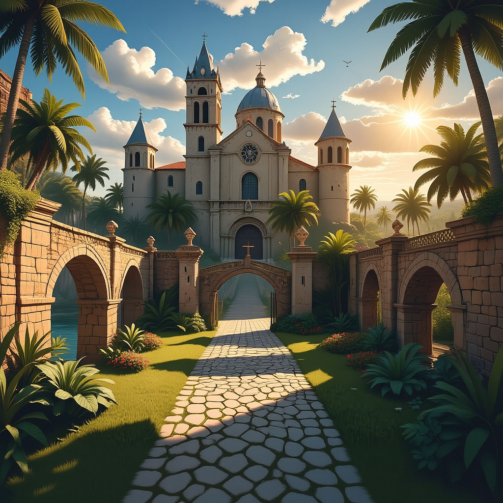 Italian Romanesque City Fortress with Open Gates