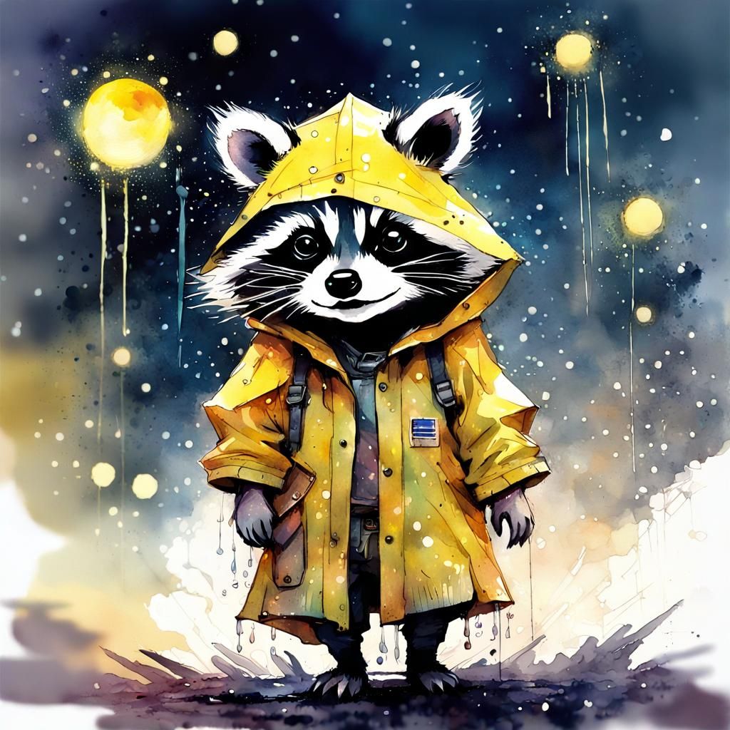 Chibi Raccoon in Rainy Space, Digital Watercolor