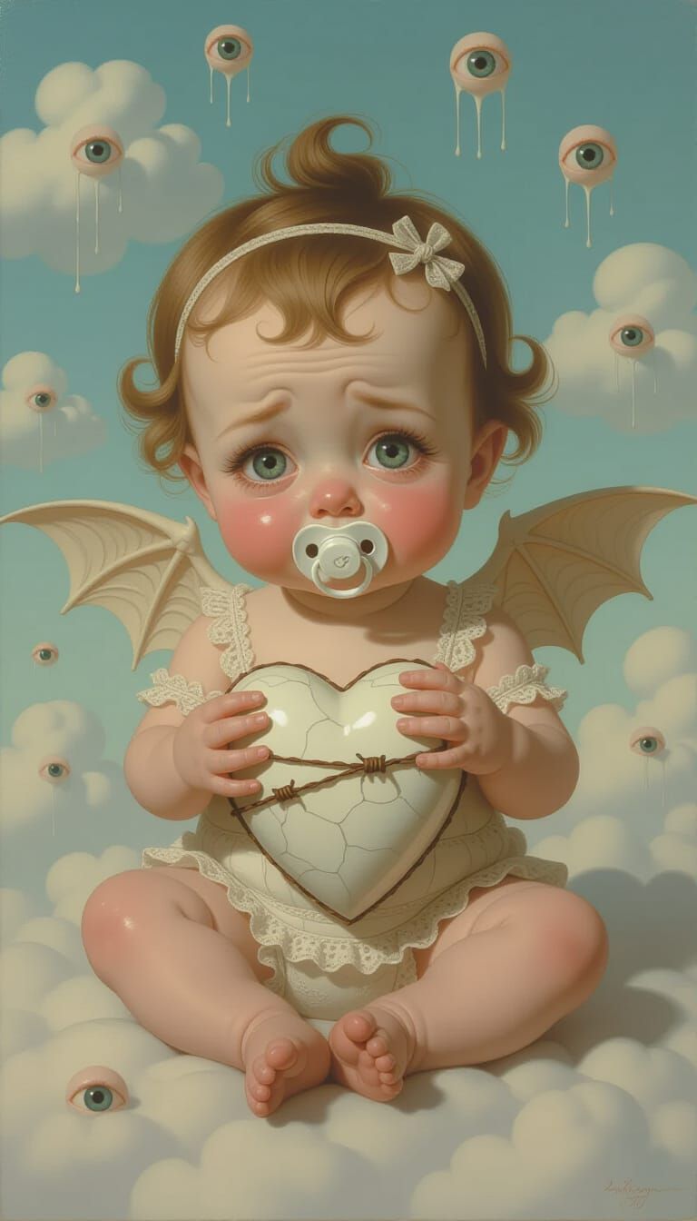 Surreal Cherub with Mismatched Eyes in Hyperrealistic Style
