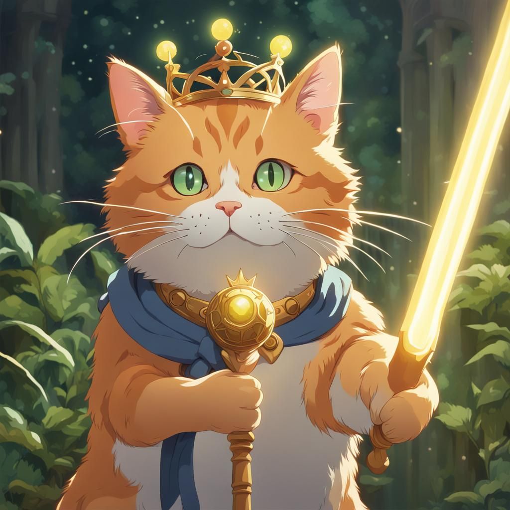 Regal Ginger Cat with Crown in Anime Style