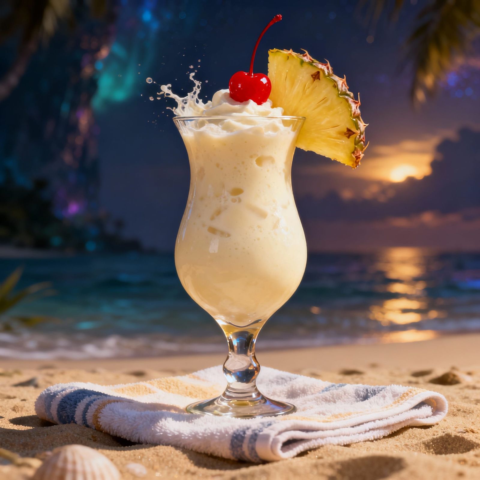 Festive Creamy Drink on Beach Towel: Pineapple & Cherry