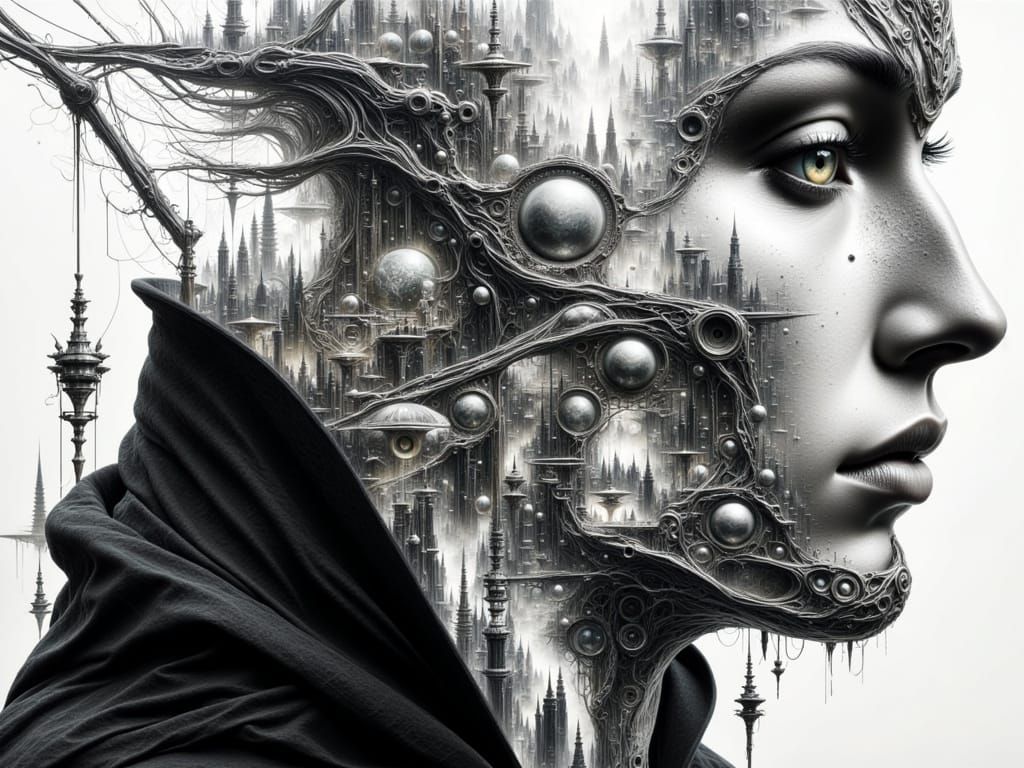 Monochromatic Android in Dystopian Mechanical Landscape